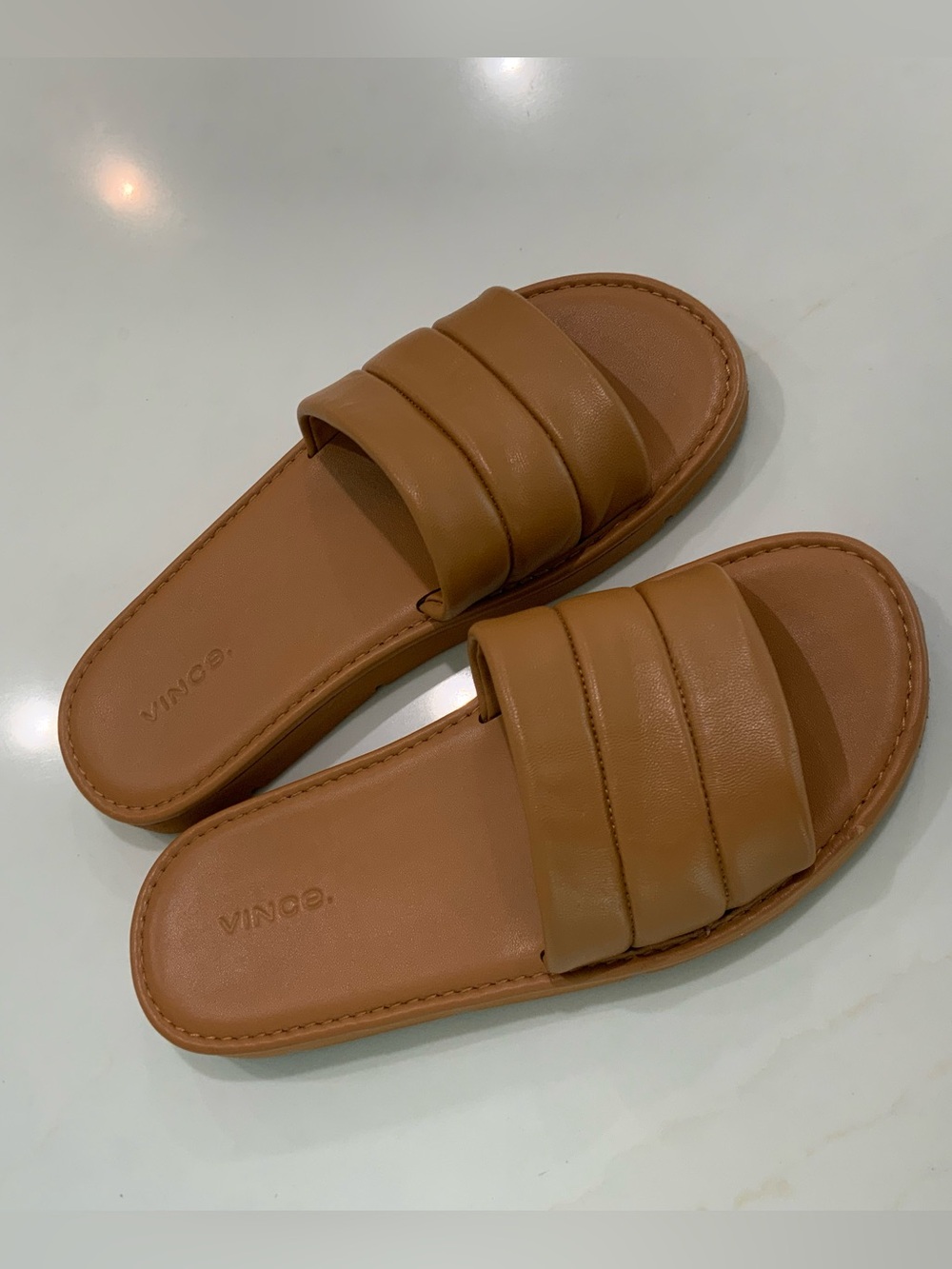 Vince Leather Camel Brown Slip On Flat Sandals US 7.5